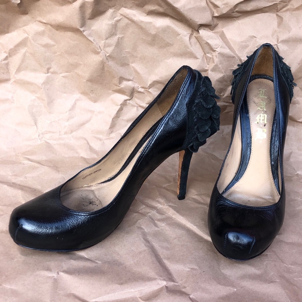 Black Round Toe Platform Heels with Ruffles